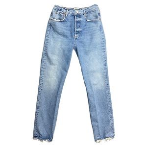 Agolde Riley Long Light Blue Wash Distressed Hem High Rise Denim Jeans Size 27.